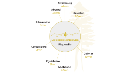 mapa, hotel schoenenbourg en el centro de riquewihr, hotel en la ruta del vino en alsacia